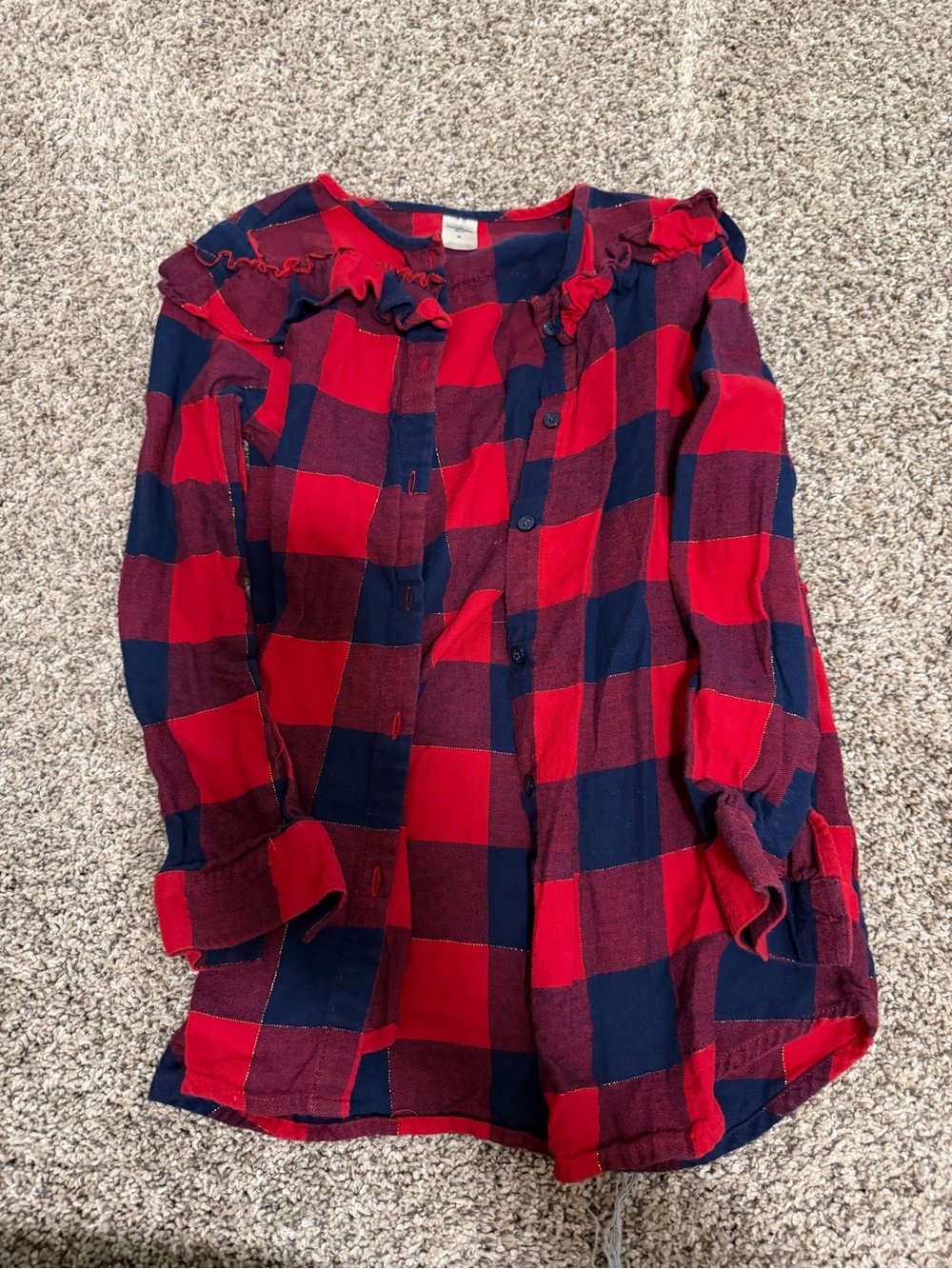Girls' Red & Navy Plaid Ruffle-Trim Button-Down Top